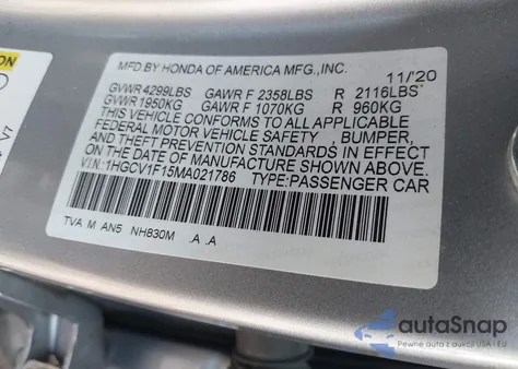 2021 Honda Accord Lx from USA, damaged, VIN 1HGCV1F15MA021786